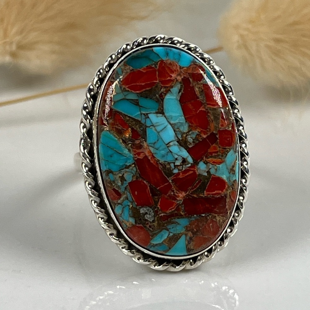 Solid 925 Sterling Silver Coral Turquoise Gemstone Ring Size 9.25